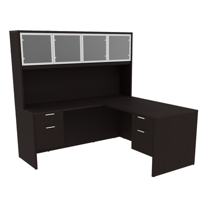 Kai Reversible L-Desk with Double Suspended Pedestals with 4 Door Glass Hutch (66x78)