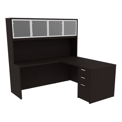 Kai Reversible L-Desk with Single Full Pedestal with 4 Door Glass Hutch (71x72)