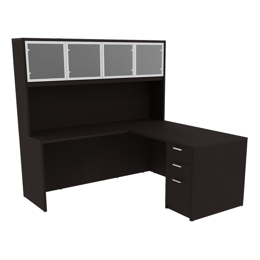 Kai Reversible L-Desk with Single Full Pedestal with 4 Door Glass Hutch (66x78)