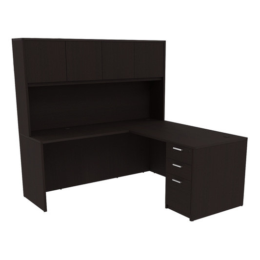 Kai Reversible L-Desk with Single Full Pedestal with 4 Door Wood Hutch (66x78)