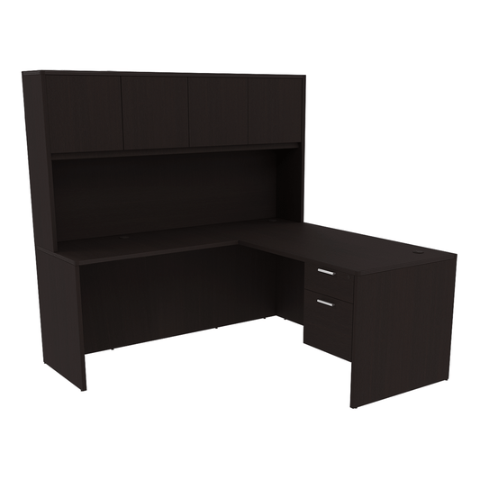 Kai Reversible L-Desk with Single Suspended Pedestal with 4 Door Wood Hutch (66x78)