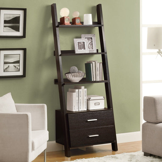 Bookcase- 69", Espresso Ladder W/2 Storage Drawers