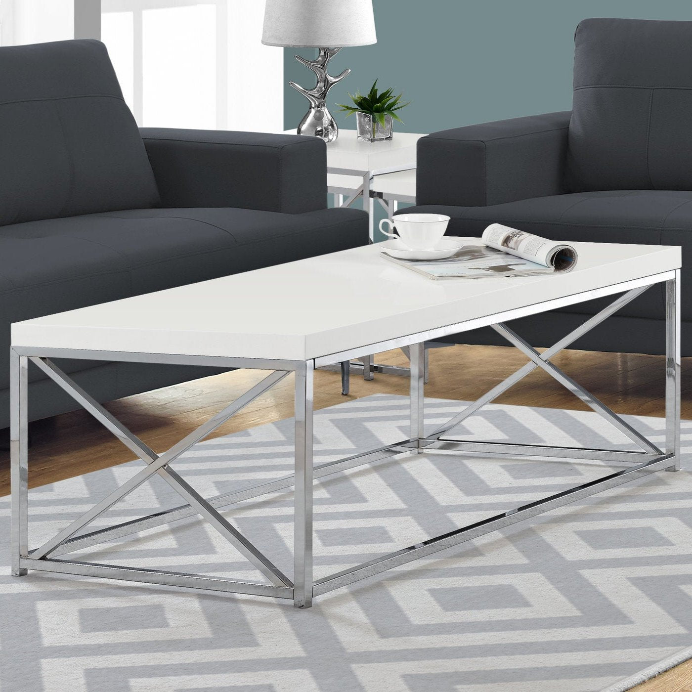 COFFEE TABLE - GLOSSY WHITE WITH CHROME METAL