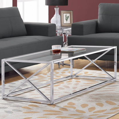 COFFEE TABLE - 44"L / CHROME METAL WITH TEMPERED GLASS