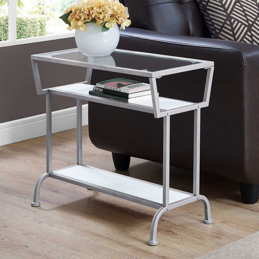 Accent Table- 22"/White/ Silver/ Tempered Glass