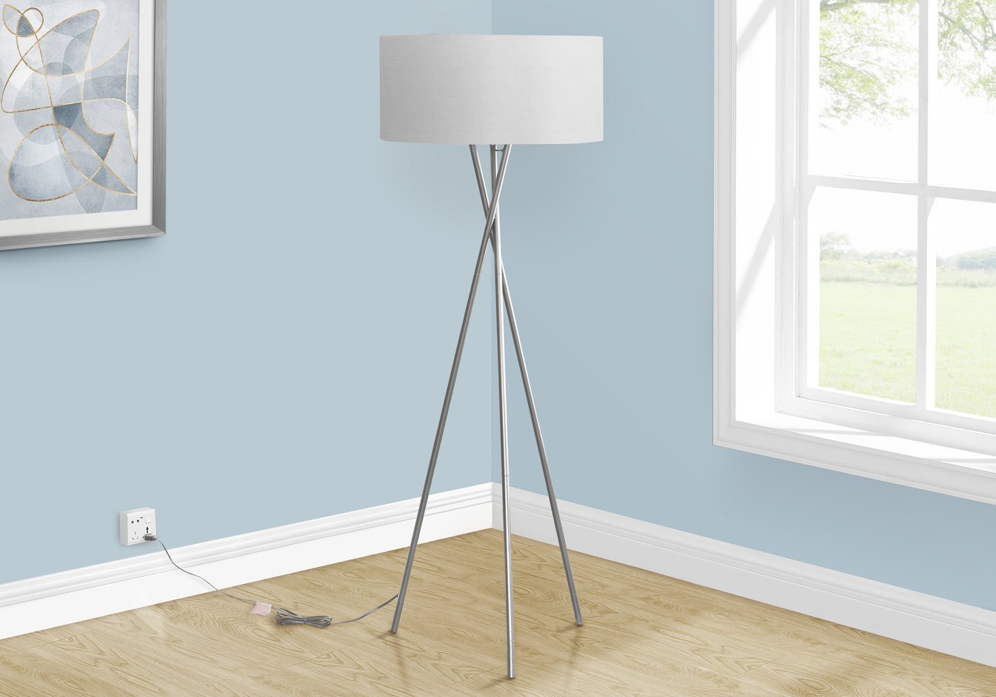 LIGHTING - 62"H TRIPOD FLOOR LAMP NICKEL METAL / GREY