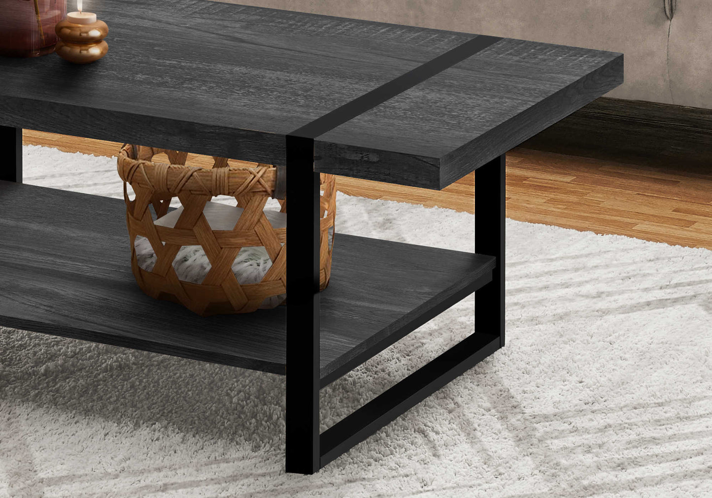 COFFEE TABLE - BLACK RECLAIMED WOOD-LOOK / BLACK METAL