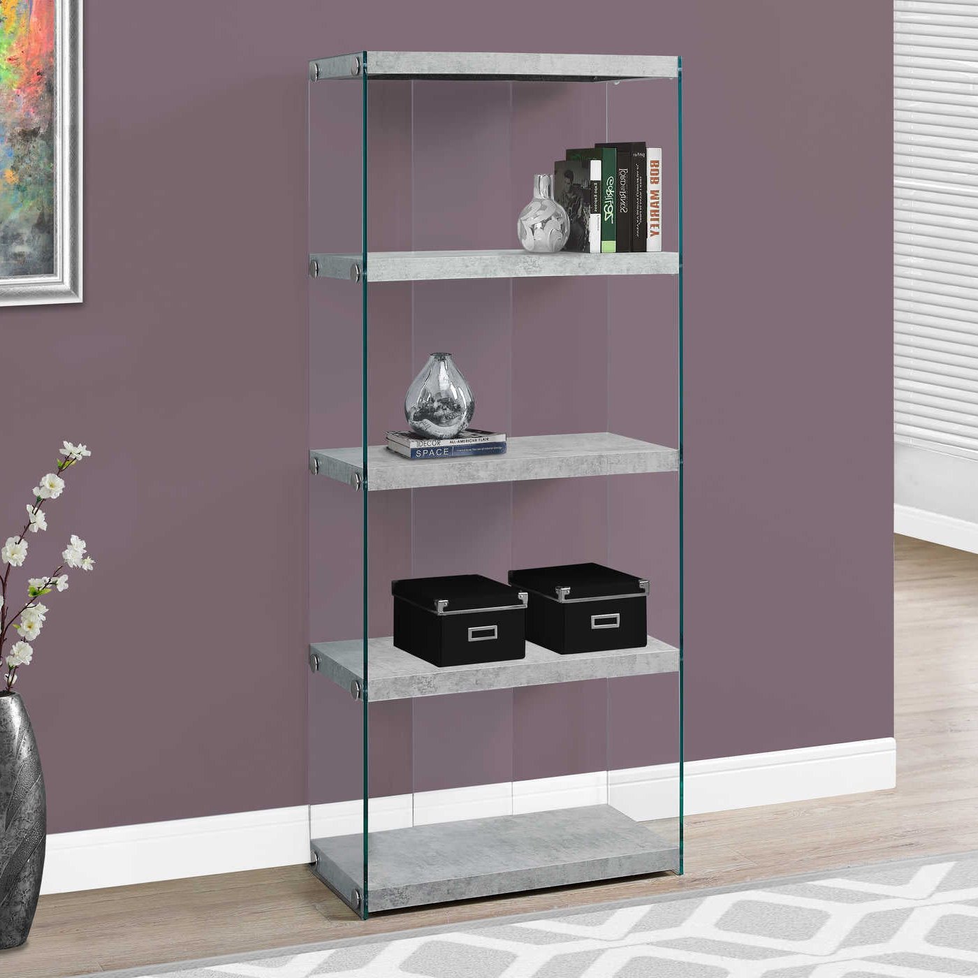 Bookcase - 60"/ Four Shelves/ Tempered Glass/ Three Color Choices