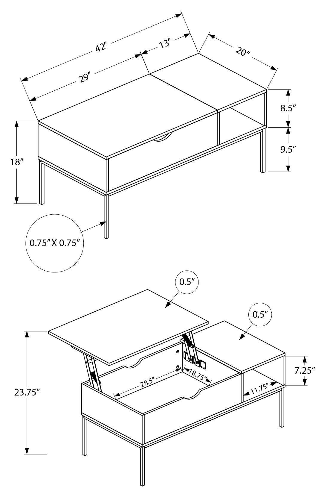 Coffee Table, 42" L, Rectangular, Cocktail, Lift-top, Contemporary, Modern