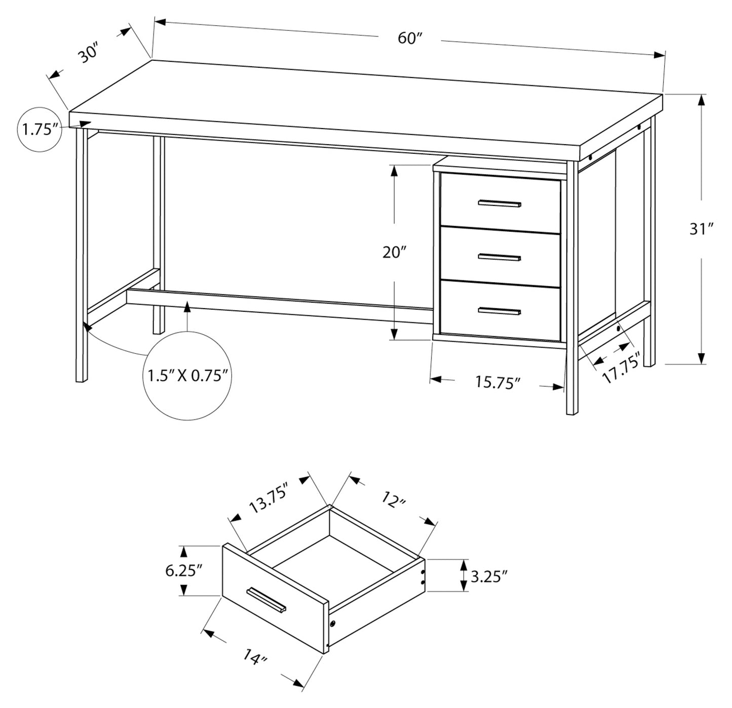 COMPUTER DESK - 60"L / WHITE / SILVER METAL