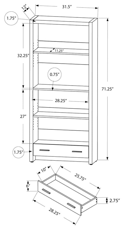 Bookcase- 71" Dark Taupe/ With 4 shelves and Storage drawer