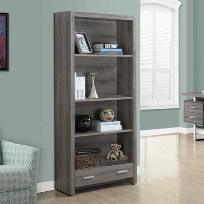 Bookcase- 71" Dark Taupe/ With 4 shelves and Storage drawer