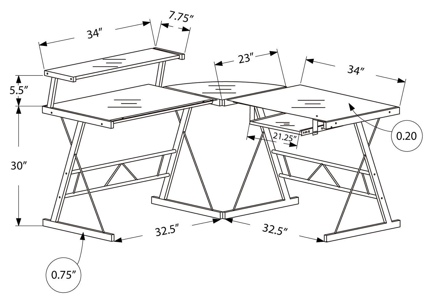 COMPUTER DESK - BLACK METAL CORNER WITH TEMPERED GLASS TOP