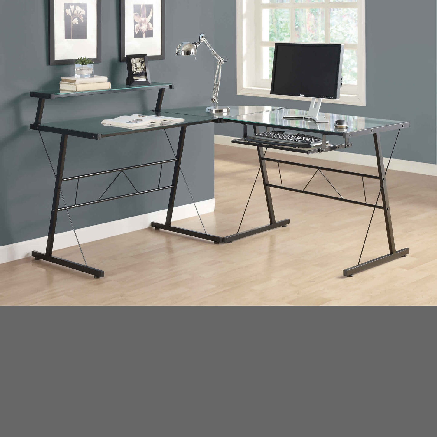 COMPUTER DESK - BLACK METAL CORNER WITH TEMPERED GLASS TOP