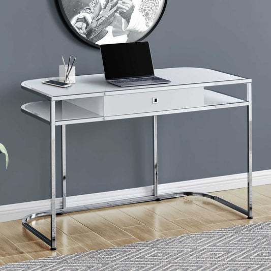 Computer Desk-48" Glossy White Chrome Metal Legs