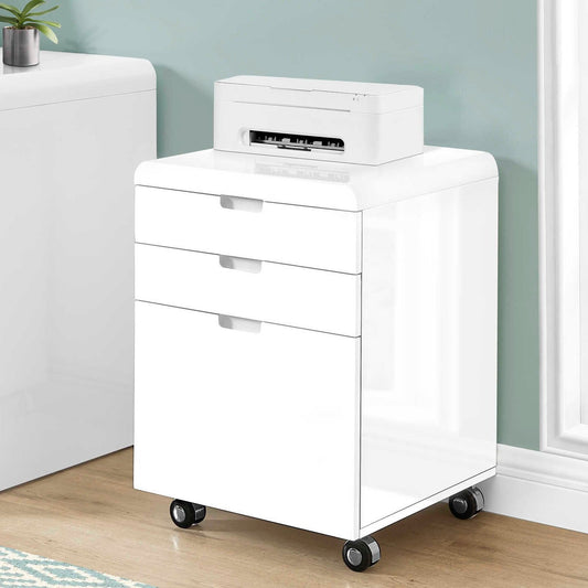 File Cabinet, Rolling Mobile, Storage Drawers, Printer Stand, Office, Work, Glossy White Laminate, Contemporary, Modern