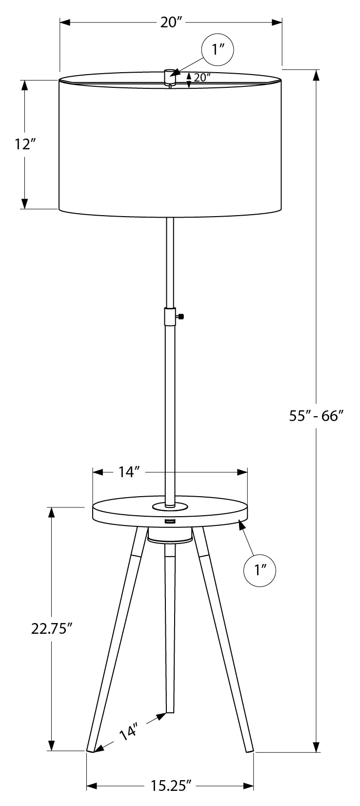 LIGHTING - 63"H TRIPOD FLOOR LAMP BLACK METAL / USB