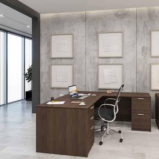 Kai Reversible L-Desk with Double Full Pedestals. Five Color Choices 71x72