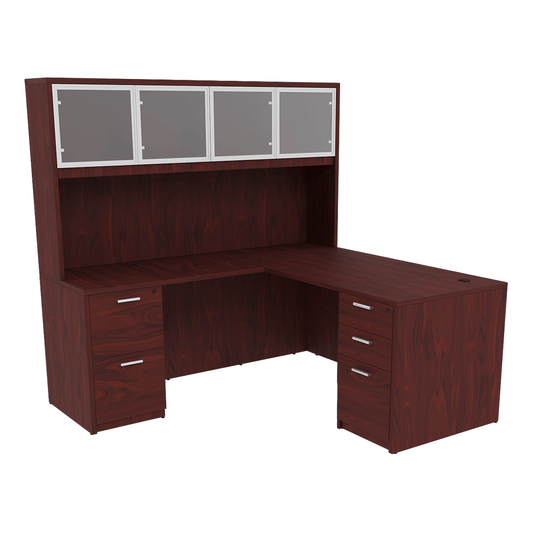 Kai Reversible L-Desk with Double Full Pedestals with 4 Door Glass Hutch (71x84)