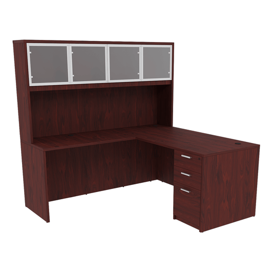 Kai Reversible L-Desk with Single Full Pedestal with 4 Door Glass Hutch (71x84)