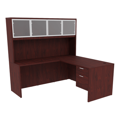 Kai Reversible L-Desk with Single Suspended Pedestal with 4 Door Glass Hutch (71x84)