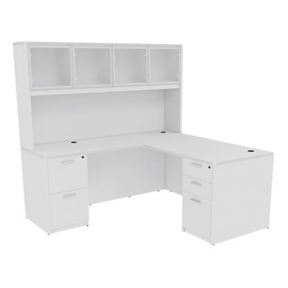 Kai Reversible L-Desk with Double Full Pedestals with 4 Door Glass Hutch (71x84)