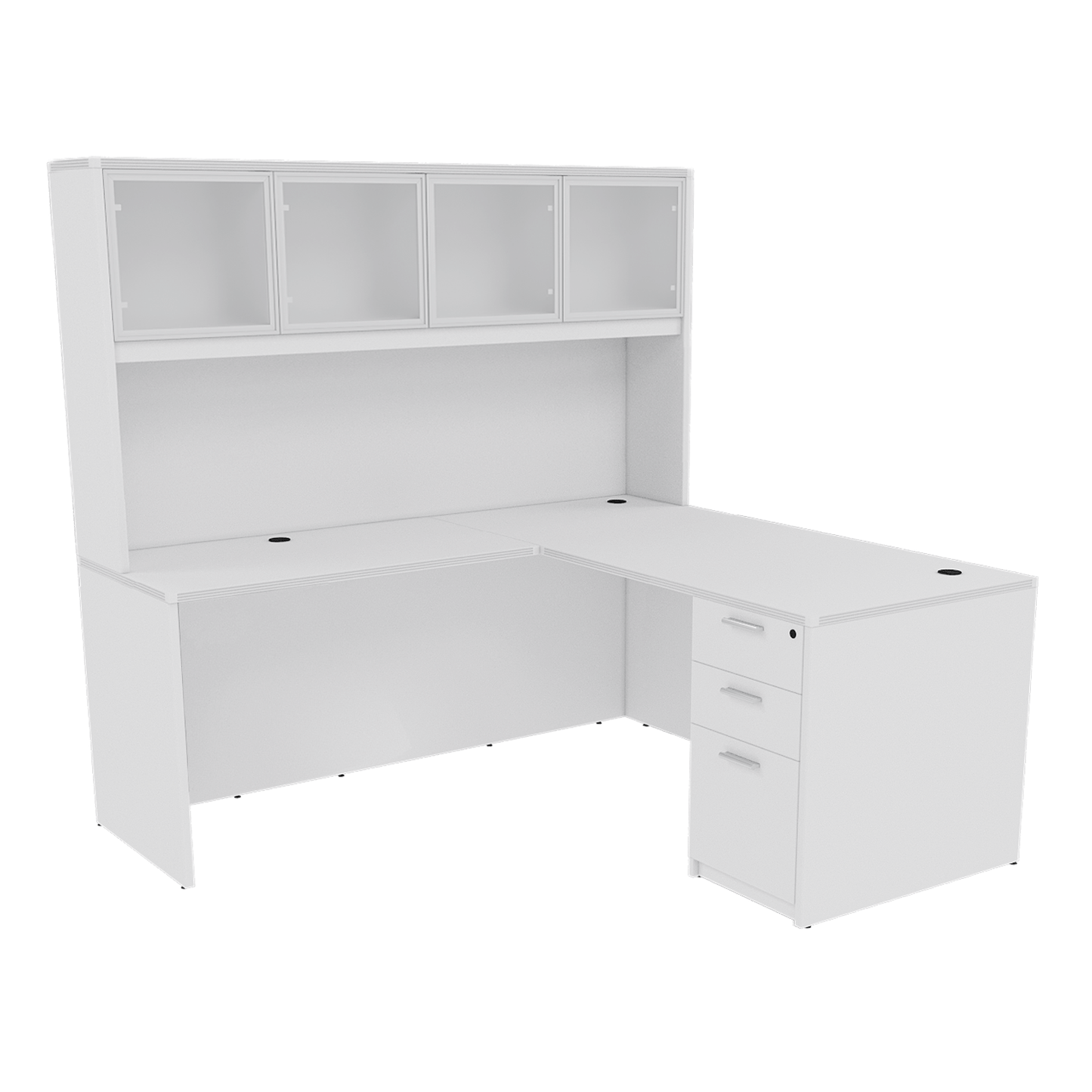 Kai Reversible L-Desk with Single Full Pedestal with 4 Door Glass Hutch (71x72)