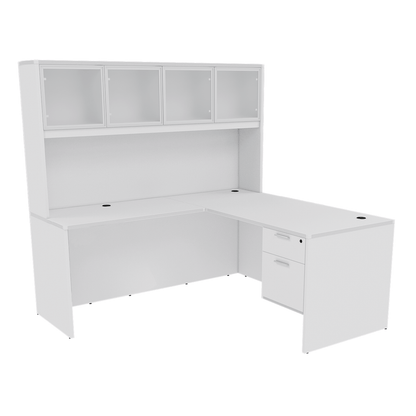 Kai Reversible L-Desk with Single Suspended Pedestal with 4 Door Glass Hutch (71x84)