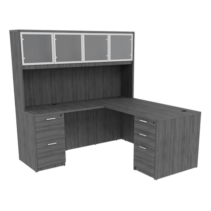 Kai Reversible L-Desk with Double Full Pedestals with 4 Door Glass Hutch (71x84)