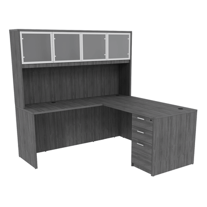 Kai Reversible L-Desk with Single Full Pedestal with 4 Door Glass Hutch (71x72)