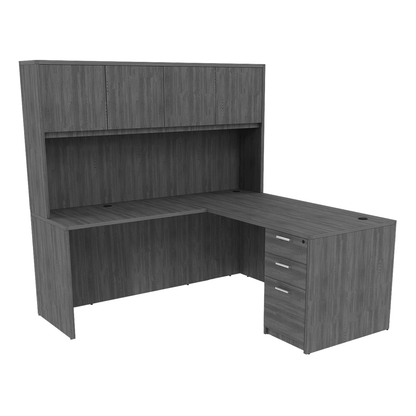 Kai Reversible L-Desk with Single Full Pedestal with 4 Door Wood Hutch (71x84)