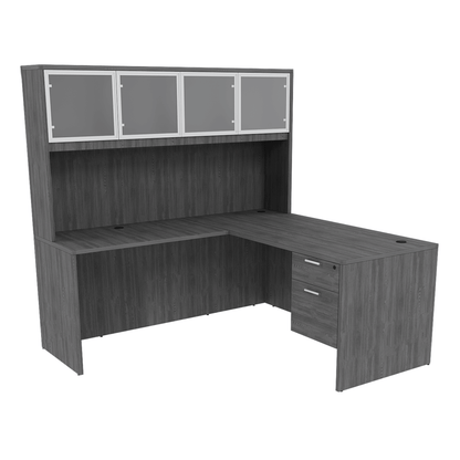 Kai Reversible L-Desk with Single Suspended Pedestal with 4 Door Glass Hutch (71x84)