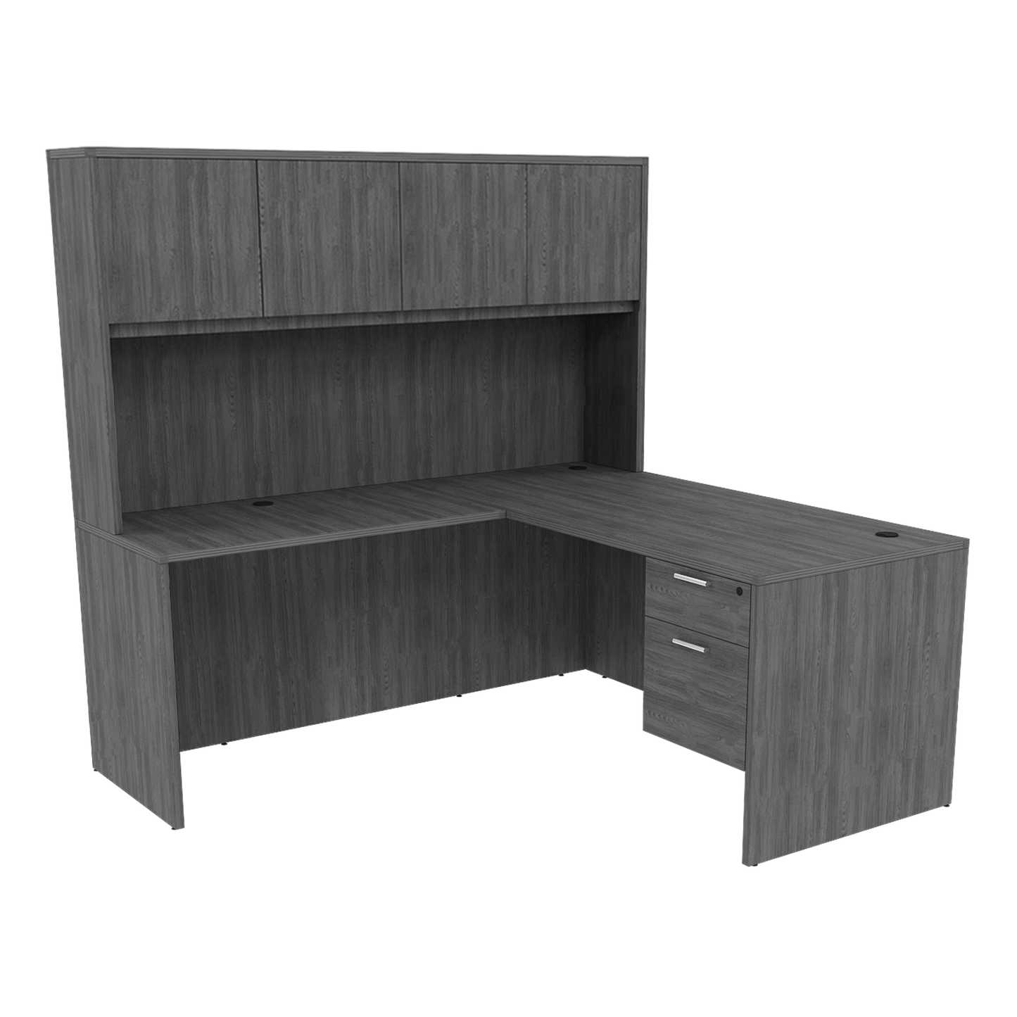 Kai Reversible L-Desk with Single Suspended Pedestal with 4 Door Wood Hutch (71x84)