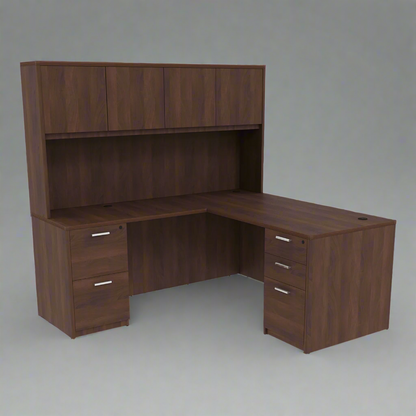 Kai Reversible L-Desk with Double Full Pedestals with 4 Door Wood Hutch (71x84)