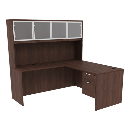 Kai Reversible L-Desk with Single Suspended Pedestal with 4 Door Glass Hutch (71x84)