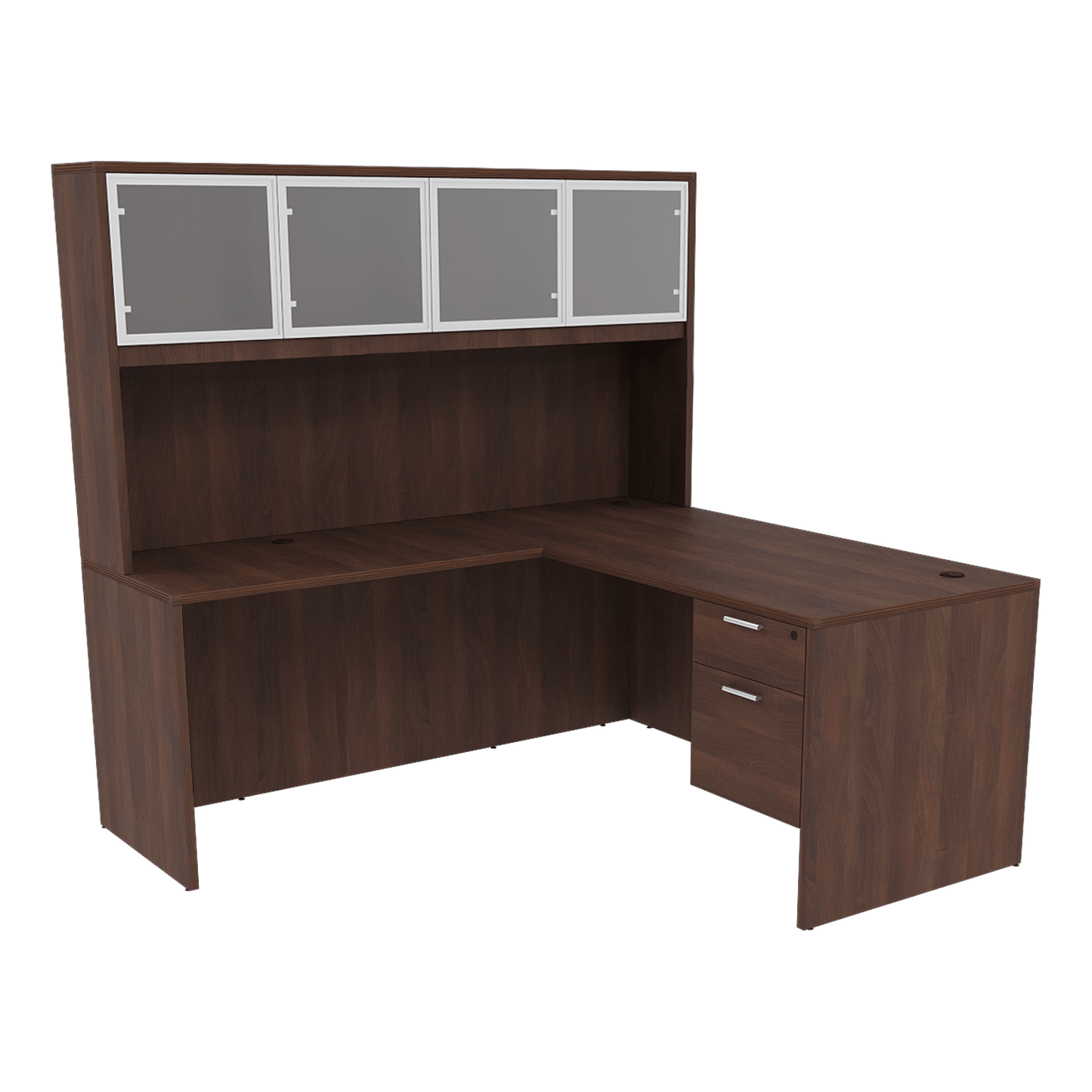 Kai Reversible L-Desk with Single Suspended Pedestal with 4 Door Glass Hutch (71x72)